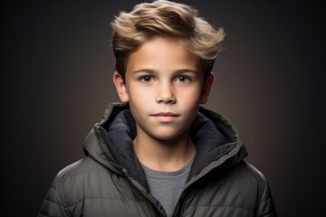 Portrait of a boy in a black down jacket. Studio shot.
