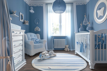 white crib with a blue canopy and a teddy bear on the floor. The room is decorated in blue and white colors