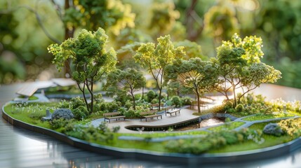 Small model of a park with trees, benches, and a pond. The park is designed to be a peaceful and relaxing place for people to spend time