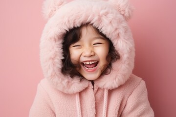 Portrait of a cute little girl in pink fur coat over pink background