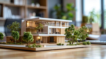 Modern house and eco-park paper models being designed, blurred office environment.