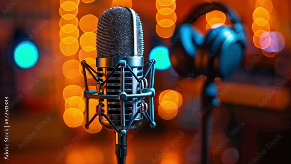 Aufkleber This close-up image of a microphone in a recording studio. Podcast and streaming concept
