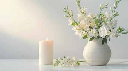 White Flowers and Candle on a White Table