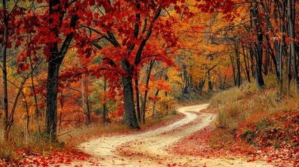 Naklejka premium Capture a peaceful forest path in autumn, with trees adorned in warm hues of red, orange, and yellow, and leaves gently falling to the ground.