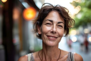 Obraz premium Portrait of smiling middle-aged woman in city. Focus on face