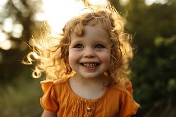 Portrait of a cute little girl with curly hair in a yellow dress