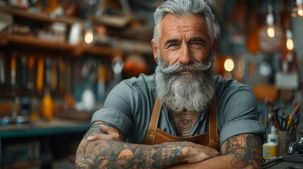 Fototapeta premium Handsome Elderly Man with Tattoos in Workshop - Generative AI