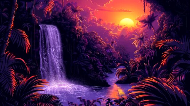 Mystical tropical waterfall at sunset, surrounded by lush jungle and vibrant colors, creating a serene and magical atmosphere