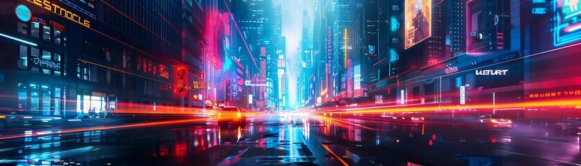 Obraz premium Futuristic neon cityscape at night with vibrant lights and motion blur, depicting a cyberpunk urban environment.