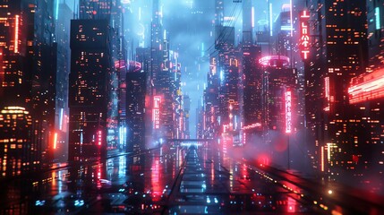 Fototapeta premium Futuristic cityscape with neon lights reflecting on wet streets, creating a cyberpunk atmosphere under a misty sky.
