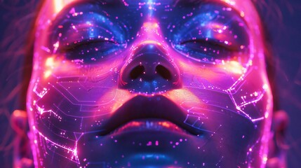 A futuristic digital face with neon cybernetic elements, representing advanced technology and artificial intelligence in a vivid visual display.