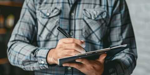 Professional analyzing data using a clipboard amidst a futuristic interface with glowing digital elements. AIG62