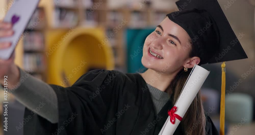 Poster Happy woman, graduation and selfie with certificate for degree, qualification or memory of scholarship at campus. Female person, graduate and smile for photography, picture or celebration for diploma