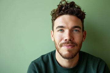 Fototapeta premium Portrait of a handsome young man with beard and mustache on green background