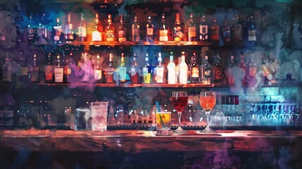 Fototapeta premium Bar Time to Drink with Watercolor Hand-Drawn Brushes