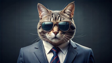 A cat wearing sunglasses and a suit with a tie. 