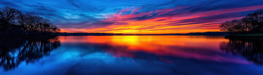 Fototapeta premium A beautiful sunset over a lake with a reflection of the sky on the water