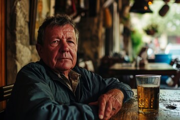 Obraz premium Portrait of an old man sitting in a pub and drinking beer