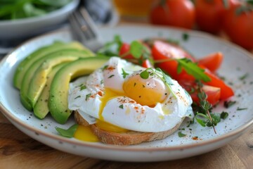 Poached Egg with Avocado Toast and Tomato Salad