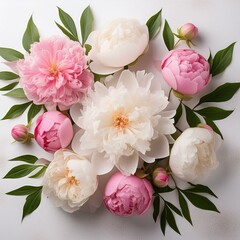 White background, pink and white peonies, peony buds, peonia flowers, peoni leaves, pink petals, white blooms, pink floral arrangement, white flower arrangement, in the style of peppermint flowers,