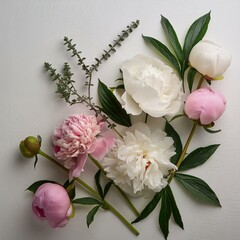 White background, pink and white peonies, peony buds, peonia flowers, peoni leaves, pink petals, white blooms, pink floral arrangement, white flower arrangement, in the style of peppermint flowers,