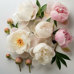 White background, pink and white peonies, peony buds, peonia flowers, peoni leaves, pink petals, white blooms, pink floral arrangement, white flower arrangement, in the style of peppermint flowers,