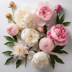 White background, pink and white peonies, peony buds, peonia flowers, peoni leaves, pink petals, white blooms, pink floral arrangement, white flower arrangement, in the style of peppermint flowers,