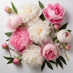 White background, pink and white peonies, peony buds, peonia flowers, peoni leaves, pink petals, white blooms, pink floral arrangement, white flower arrangement, in the style of peppermint flowers,