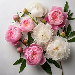 White background, pink and white peonies, peony buds, peonia flowers, peoni leaves, pink petals, white blooms, pink floral arrangement, white flower arrangement, in the style of peppermint flowers,