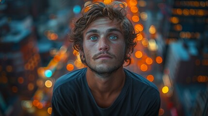 Portrait of a young man with blue eyes in the city at night - Generative AI