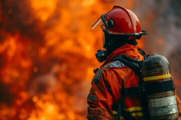 Naklejka premium Brave firefighters fighting flames in emergency situation, closeup