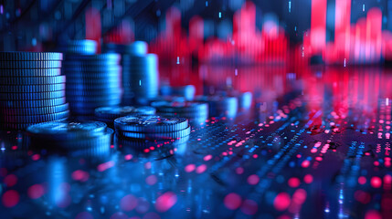 Obraz premium 3D rendering stacks of coins with a glowing blue finance graph in the background. This image symbolizes digital currency and financial growth, ideal for illustrating fintech and market trends.