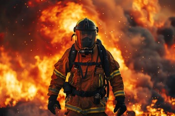 Naklejka premium Brave firefighters fighting flames in emergency situation, close up view