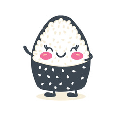 Cute Onigiri Rice Japanese Food Cartoon Character Wrapped Nori Seaweed with Smile Expression