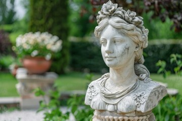 Ancient Marble Bust in a Lush Garden