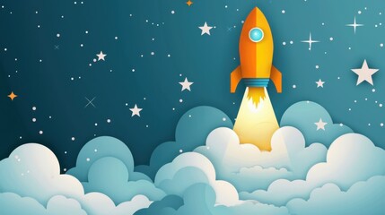 A rocket launching into a starlit night sky, symbolizing the start of a new idea or venture with a whimsical and adventurous flair.
