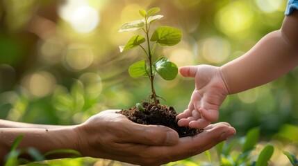 Adult hands passing a plant to a child, symbolizing nurturing, growth, and the handover of responsibility and knowledge in a green, natural environment.
