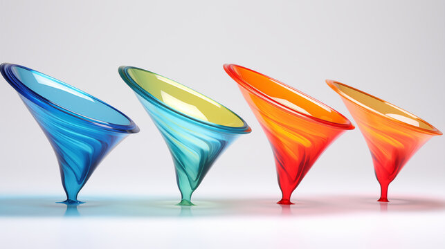 Colorful 3D funnel model flow 4 step, levitating on white background.