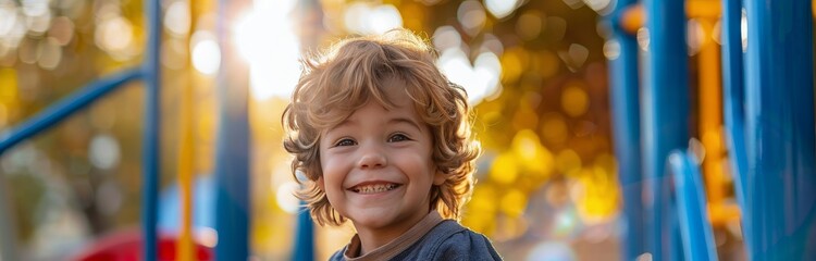 Fototapeta premium Smiling Young Boy Playing on Playground During Sunny Day