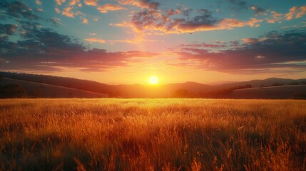 Naklejka premium Wheat field in rural landscape at sunset