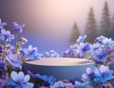  beauty podium backdrop with spring blue flowers landscape scene