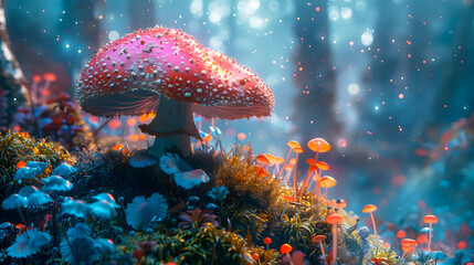 Amanita Muscaria muscimol mushroom Amanita fly agaric mushrooms in forest with grass on the background. Creative banner