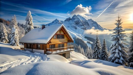 house in snow mountain