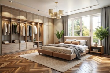 Corner of modern bedroom with beige walls, wooden floor, comfortable king size bed and big open wardrobe with clothes hanging inside. 3d rendering