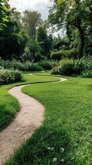 Winding garden path through a lush green park with vibrant foliage and clear sky, creating a serene and peaceful nature scene.