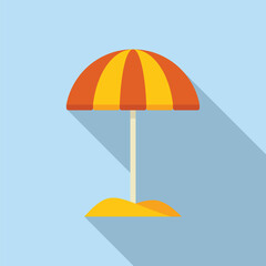 Obraz premium Beach umbrella standing on sand with long shadow, summer vacation concept