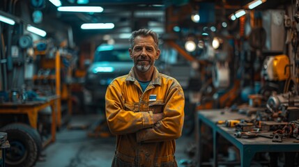Obraz premium Experienced Mechanic in Industrial Workshop - Generative AI