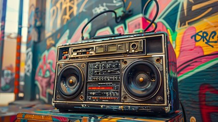 A 90s boombox with colorful graffiti art in the background.