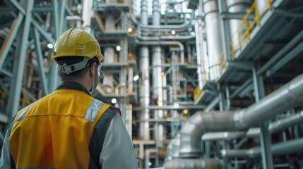 Fototapeta premium close-up of industrial pipes of oil refinery, back of engineer, technician, reading drawing, drawing, industrial engineering, blueprint, industrial background.