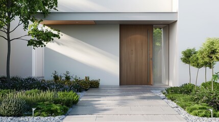 Wooden entrance door to modern white house with paving footpath and backside garden